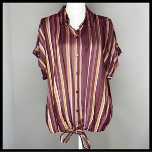 Sanctuary Striped Blouse Tie Front Button Down Shirt Tail in Back